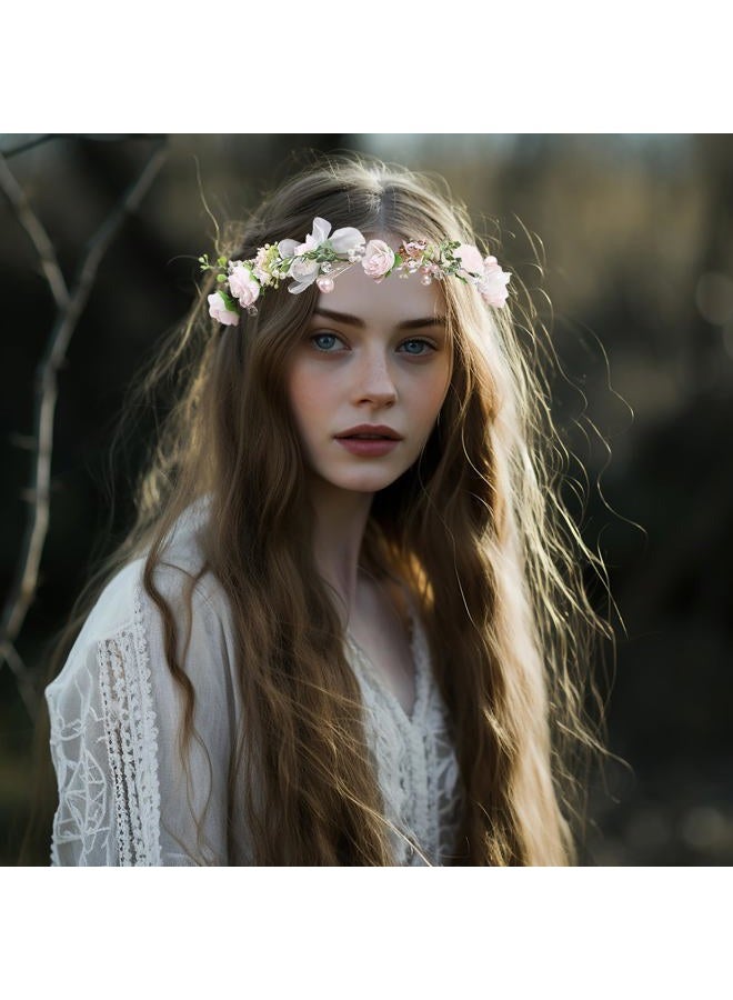 Vivivalue Floral Halo Boho Flower Headband Floral Crown Headpiece Hair Wreath with Ribbon Wedding Party Prom Photos Festival Pink by - Image 4